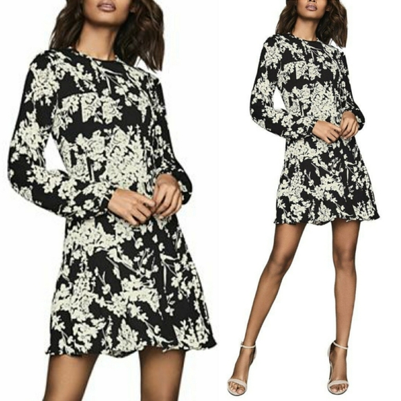 Reiss Gabriella Floral Printed Pleated Long Sleeve Black Mini Dress SZ 12 - Picture 1 of 7